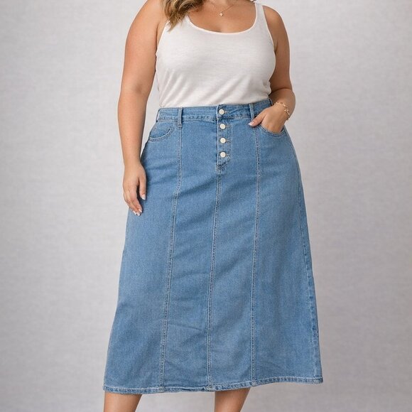 Dresses & Skirts - Denim Midi Skirt plus size 3XL Button-Front Women's Skirt